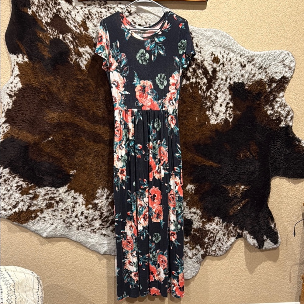 Blue and Orange Casual Maxi Sundress with Crew Neck